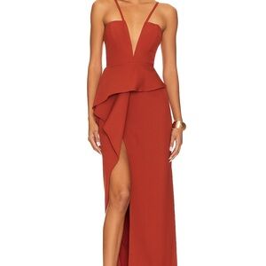 BCBGMAXAZRIA V NECK RUFFLE GOWN